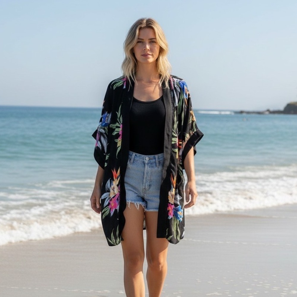 Kona Sol Black Floral Tropical Kimono‎ Swim Cover Up Bird of Paradise S/M